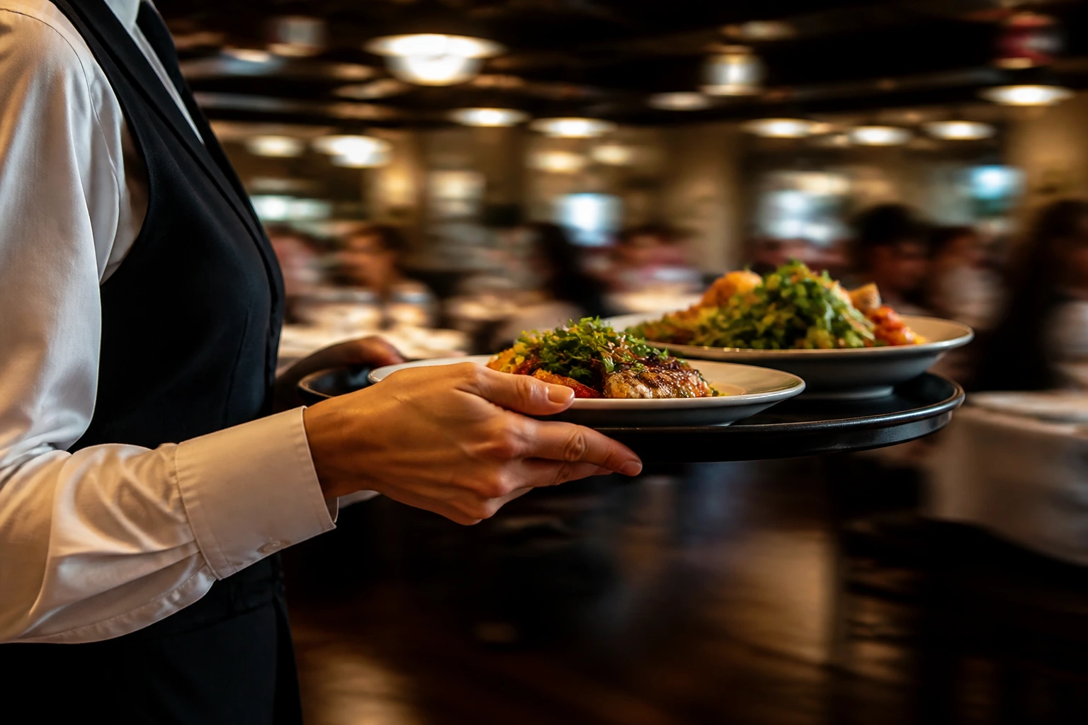 Close-up of server hands performing tray carry in busy dining room