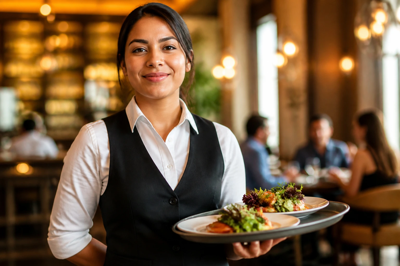 Portrait of a real restaurant server in uniform conveying potential for long term opportunities through sponsorship.