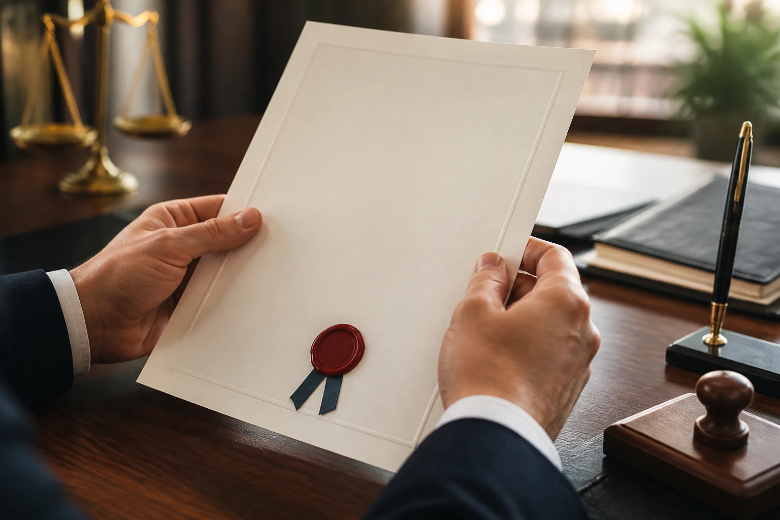Close-up of hands holding a blank contract with a wax seal on a desk