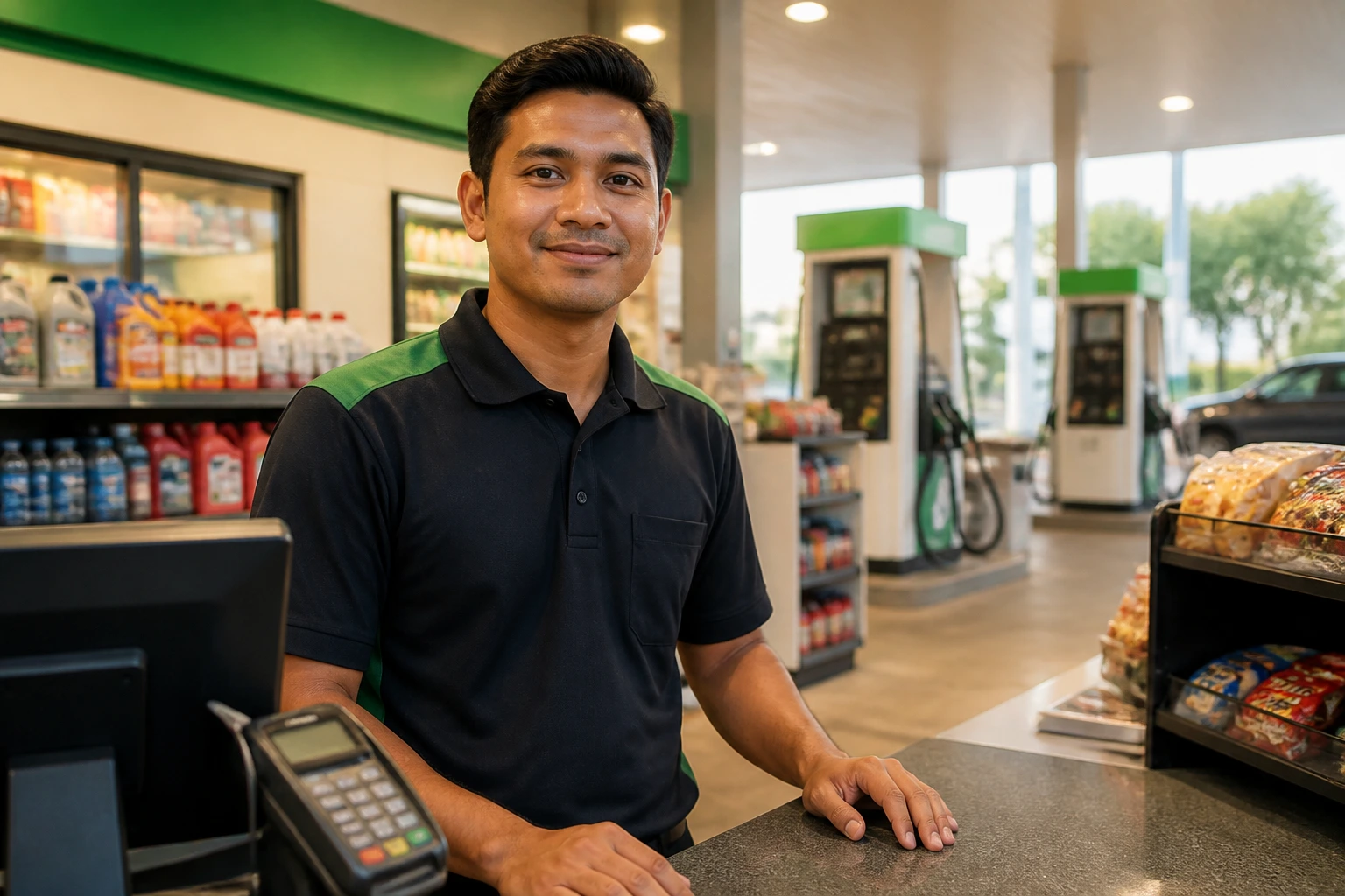 Portrait of a service-station worker in a uniform representing a longer-stay path