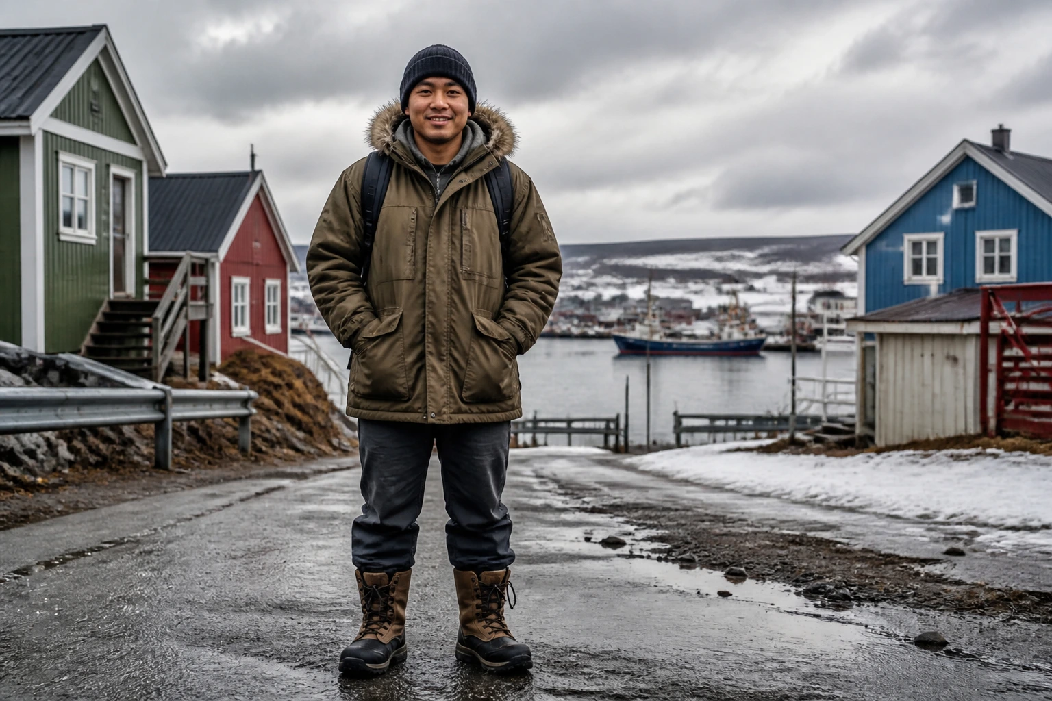 Person in winter gear in a Canadian coastal town