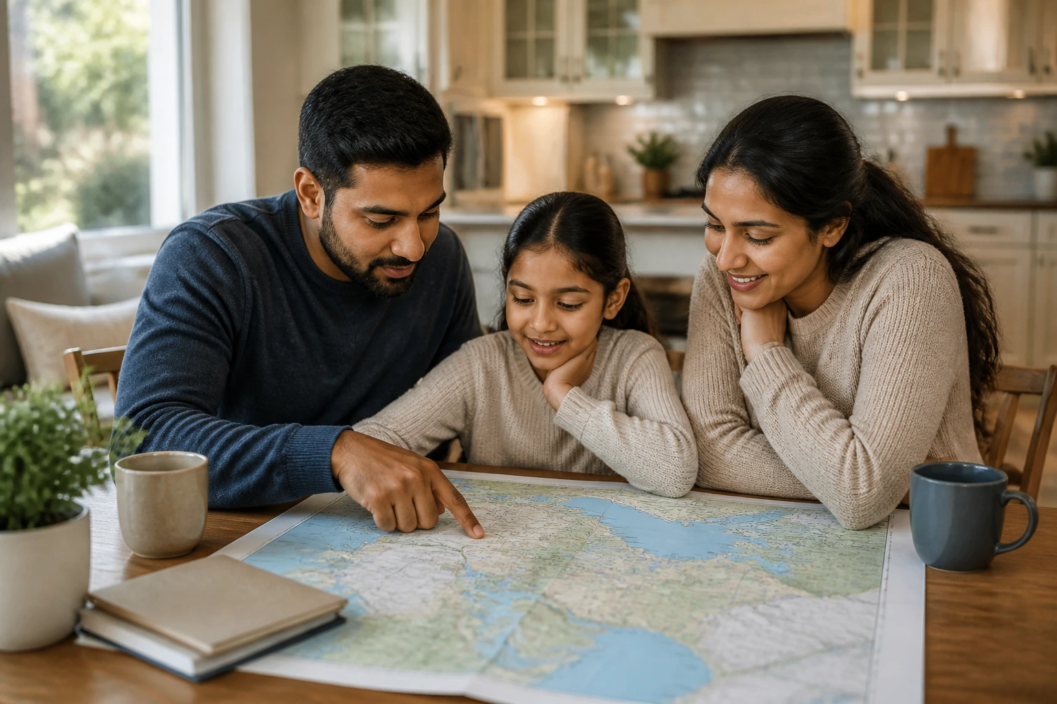 Family planning their settlement with a map on the kitchen table