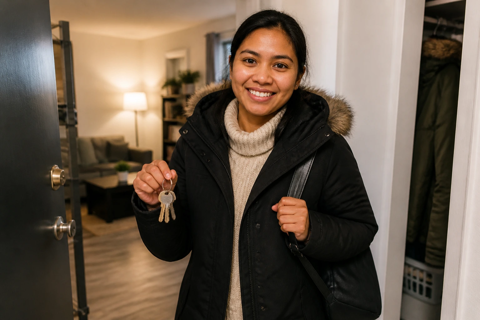 Portrait of newcomer in a cozy apartment entry holding keys, starting life in Canada