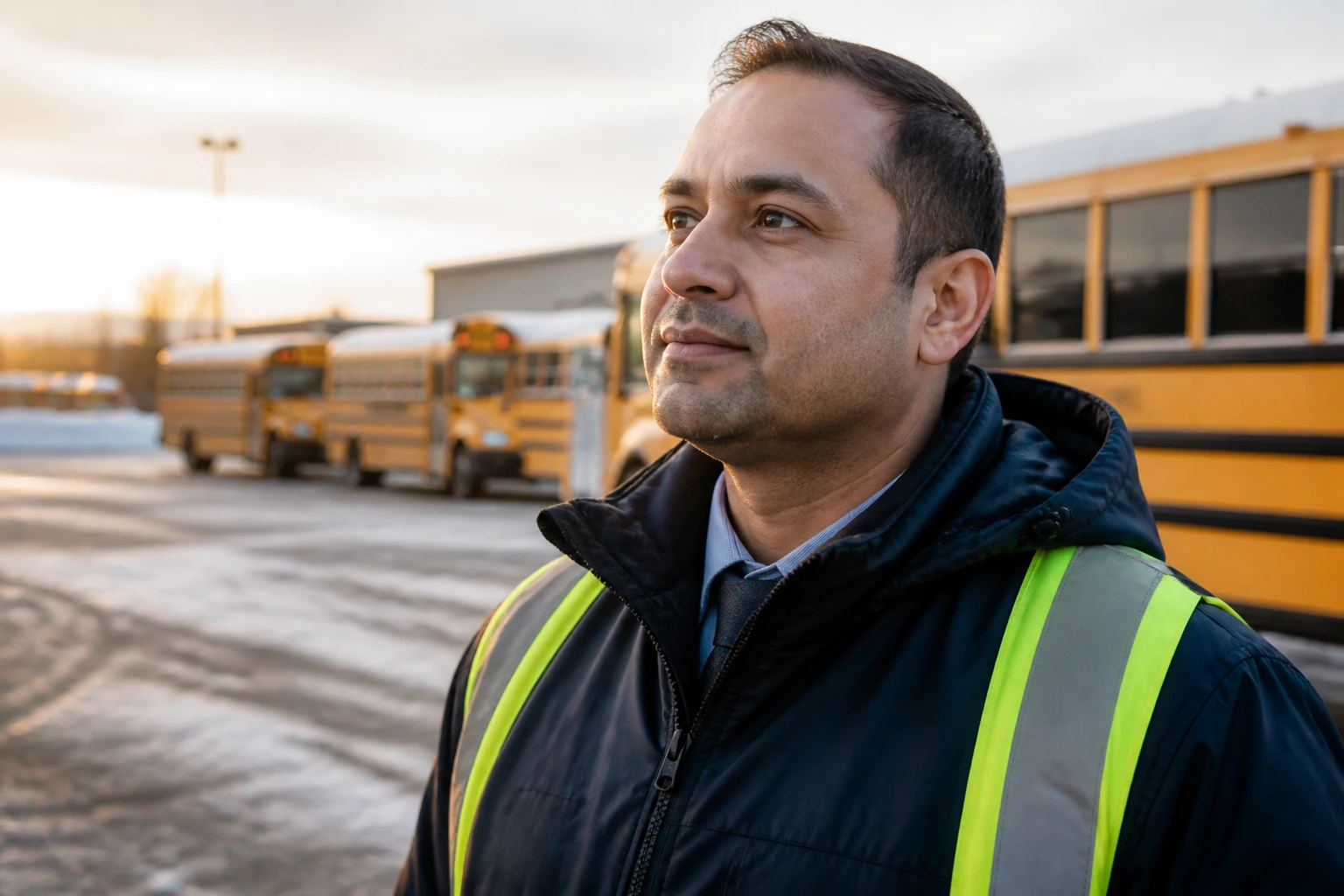 Newcomer bus driver in uniform in dawn light at snow-covered yard