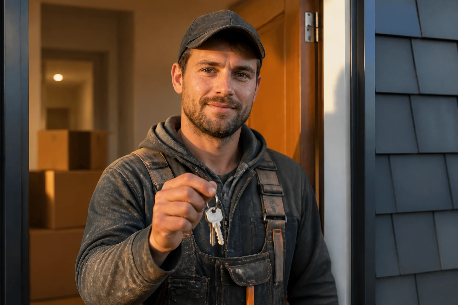 Roofer in doorway holding keys with moving boxes in background