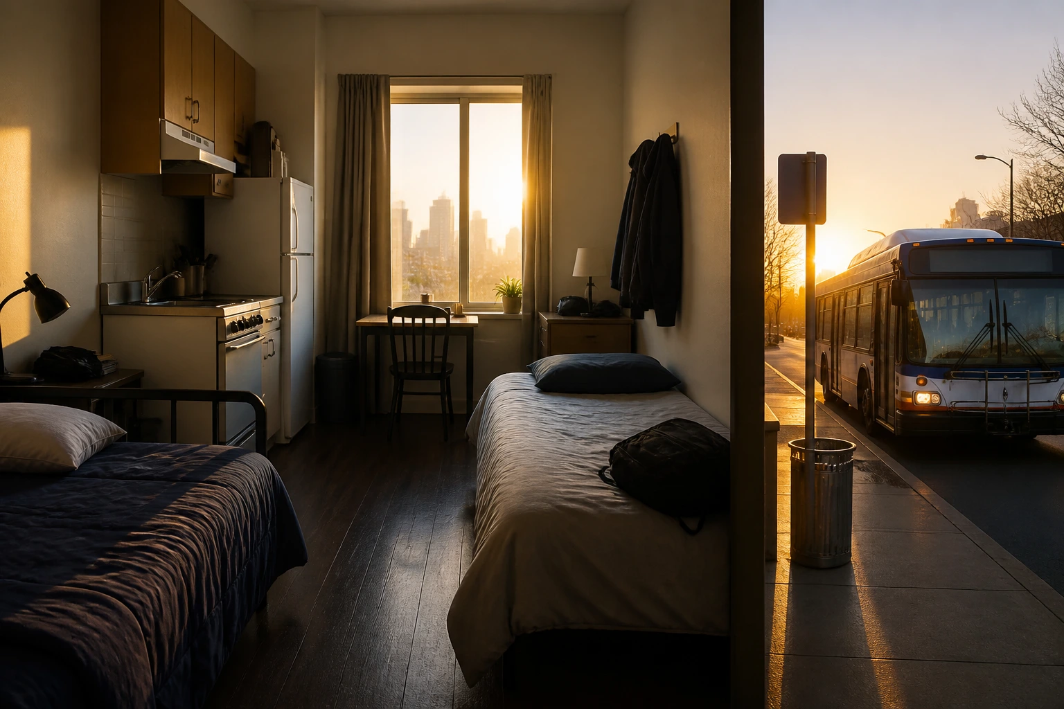 Interior of a shared apartment with beds and kitchenette