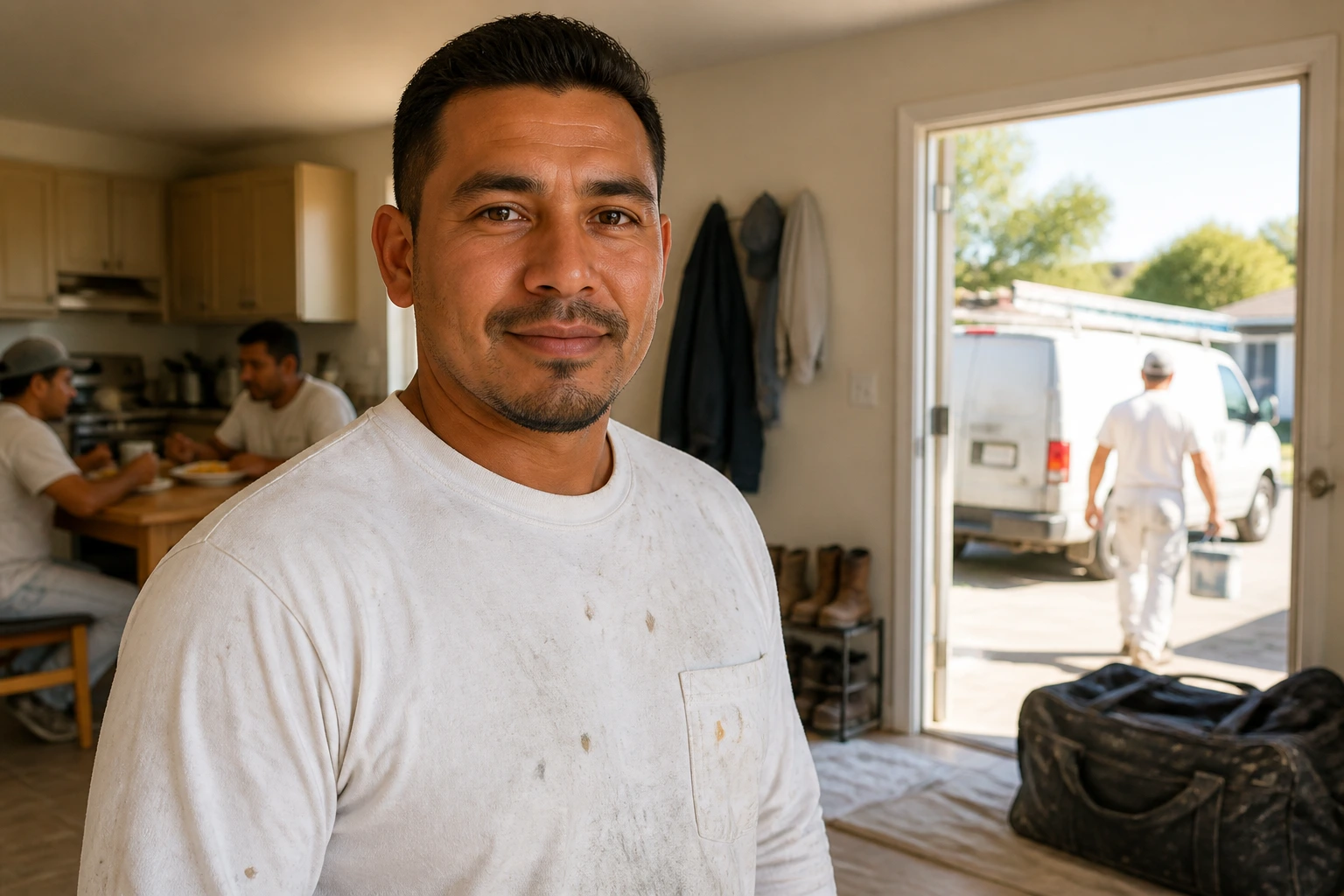 Portrait of a painter in a shared housing setting with a paint crew van visible outside