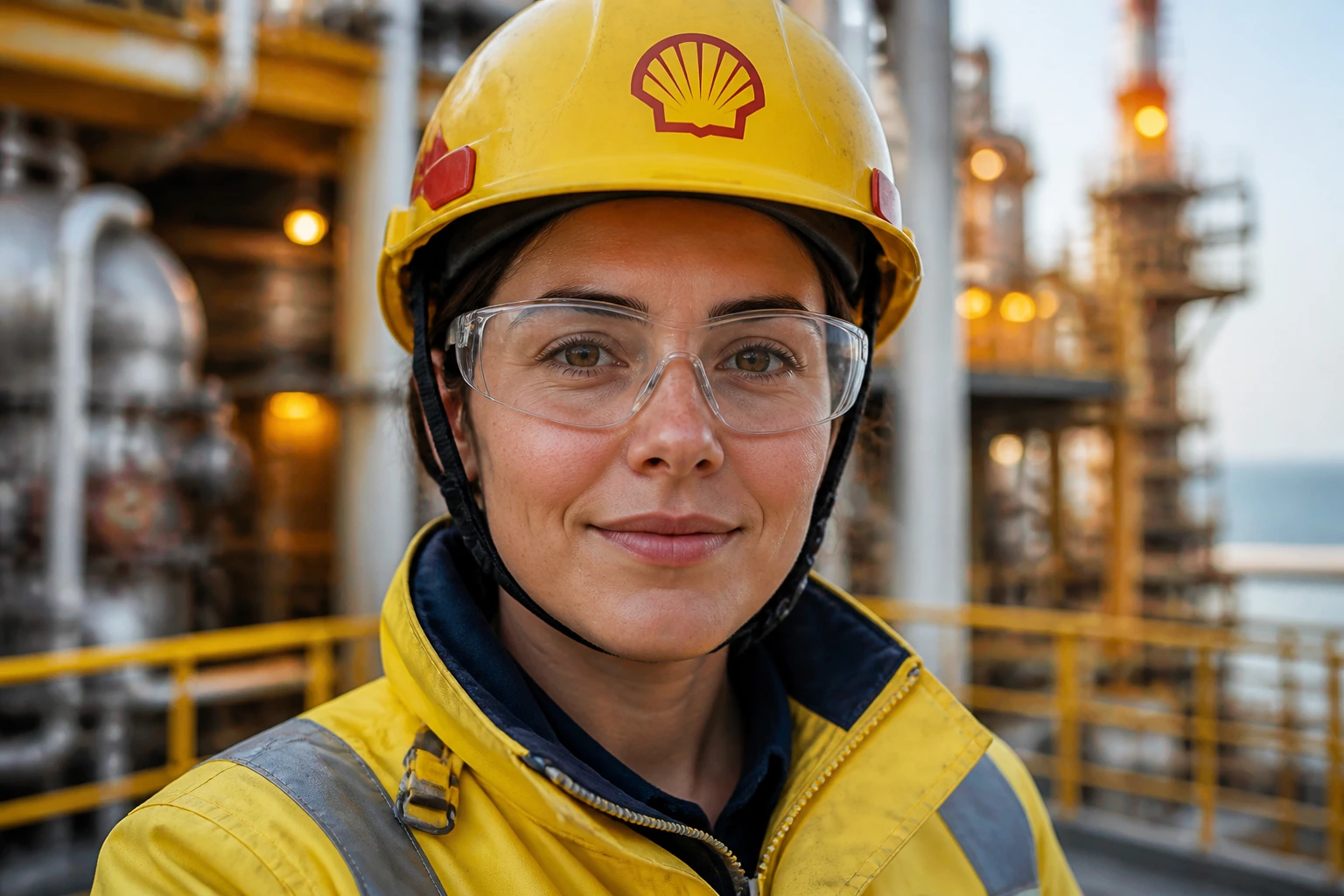 Close-up head-and-shoulders portrait of a Shell engineer in safety gear at a refinery background