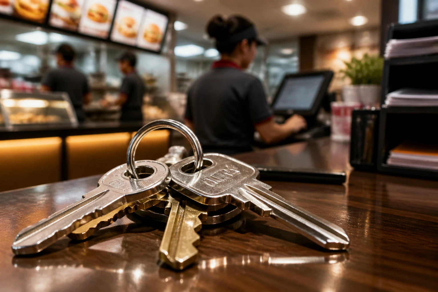 Close-up of shift leader keys on a ring in a restaurant setting