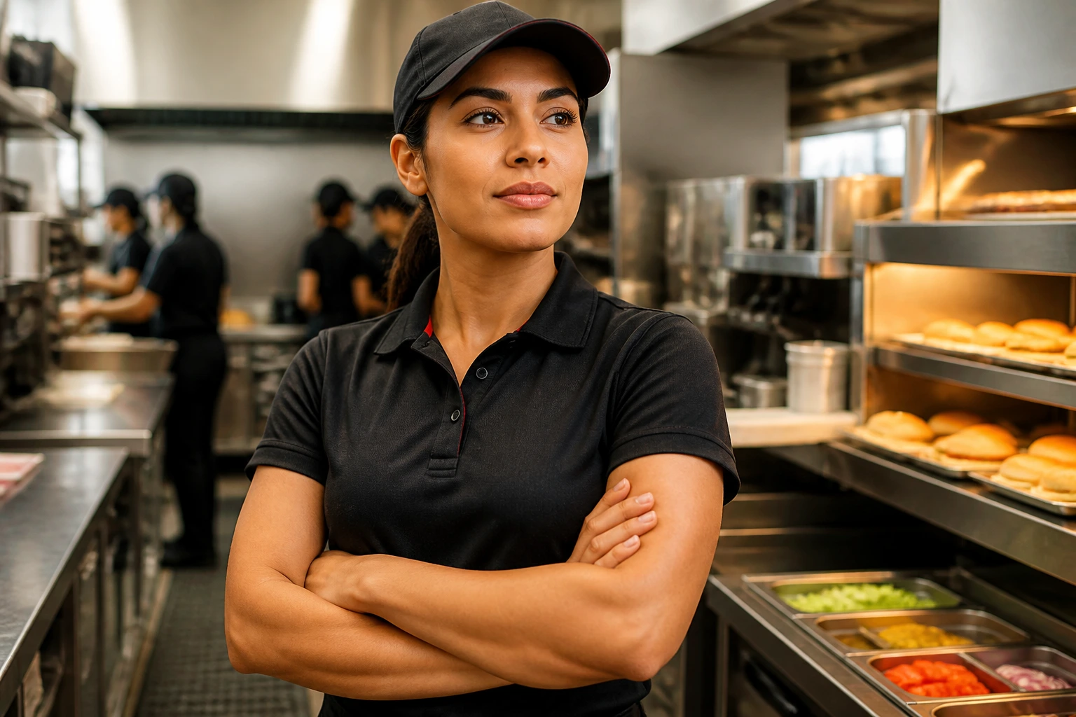 Shift manager in a fast-food kitchen taking a leadership stance