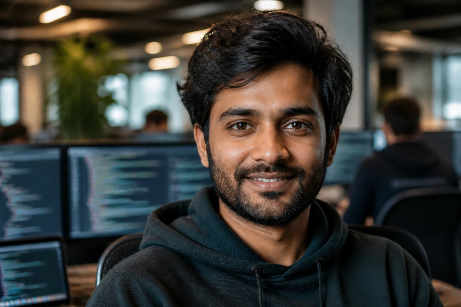 Close-up portrait of a Shopify software developer in a vibrant startup office