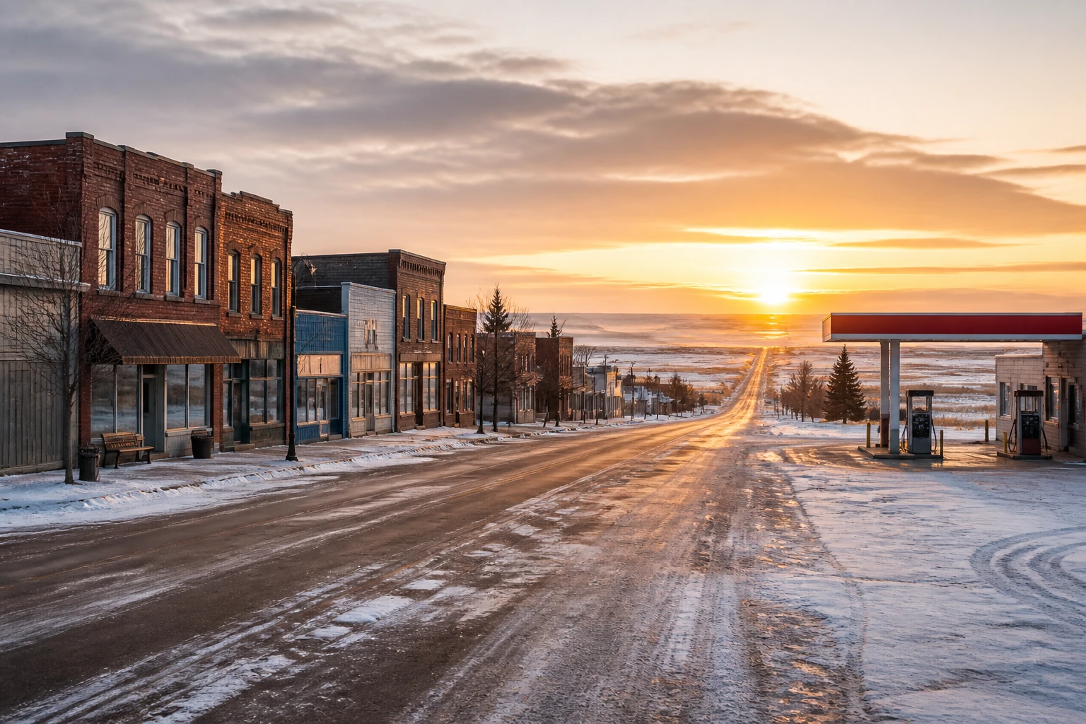 Quiet prairie town street with snow, empty storefronts and a gas station, conveying labor shortages