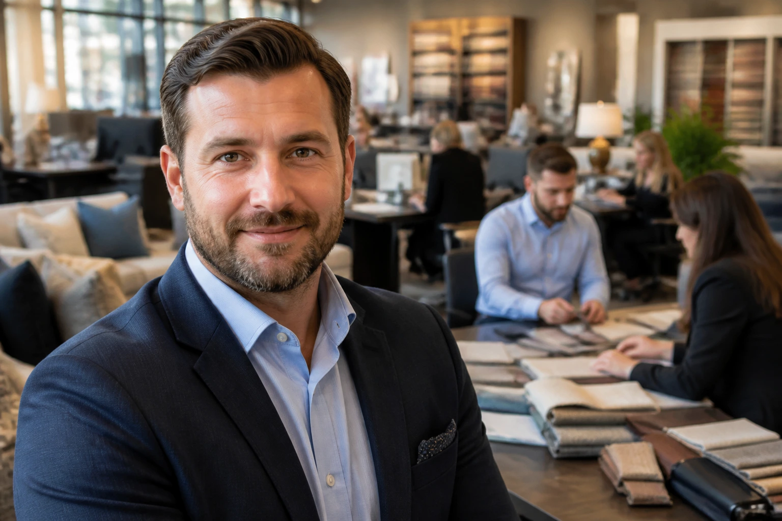 Close-up portrait of a showroom manager in a furniture store with a busy showroom background