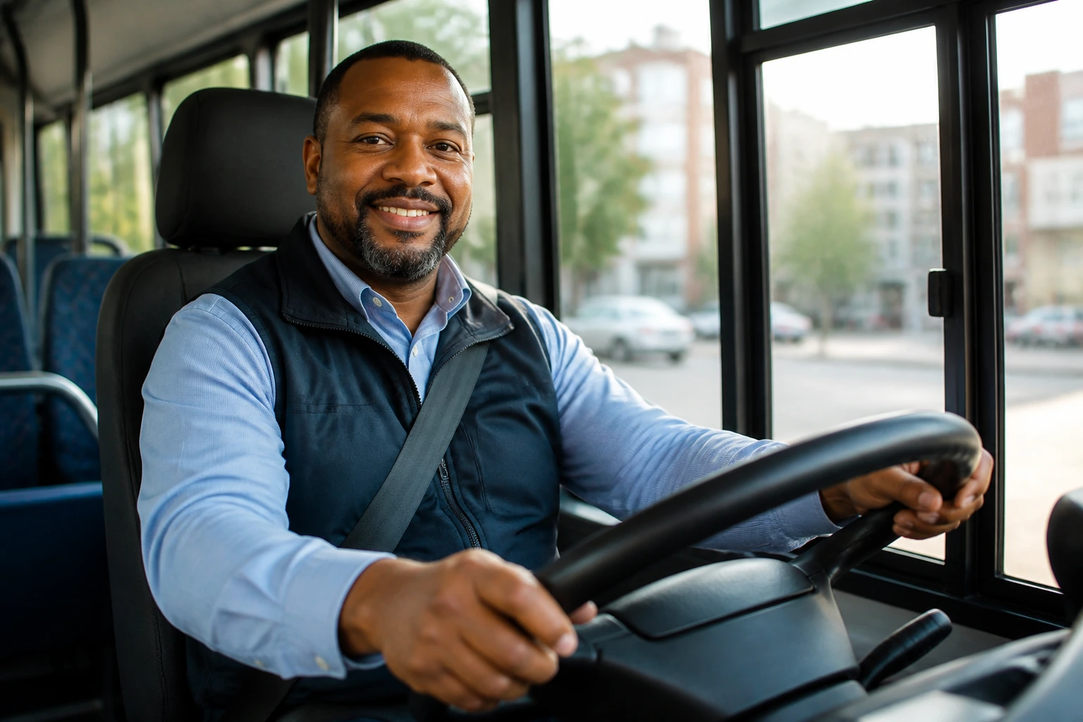 Portrait of a shuttle driver in the cab illustrating related driving roles