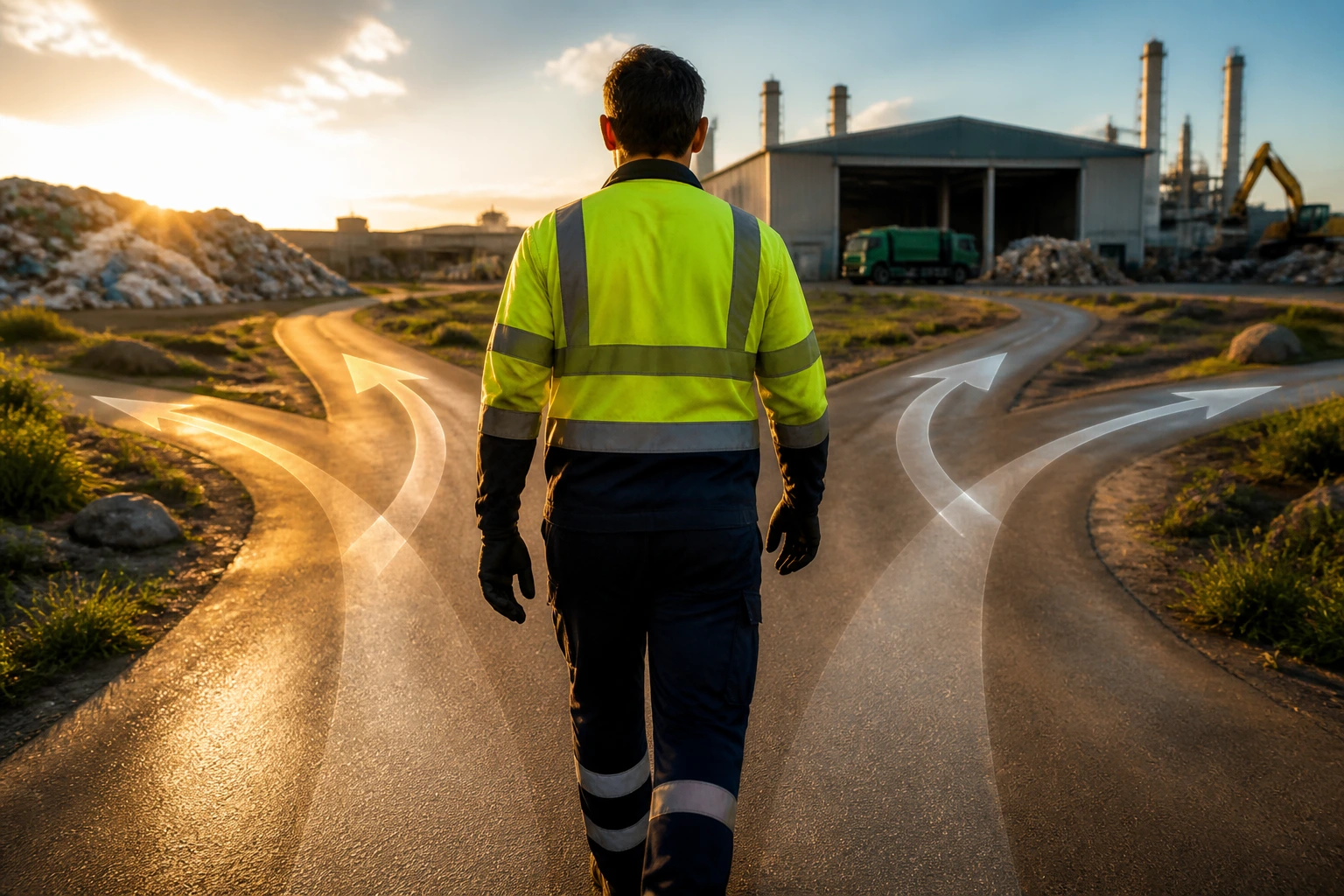 Person walking toward an industrial site, exploring side-entry routes into waste sector