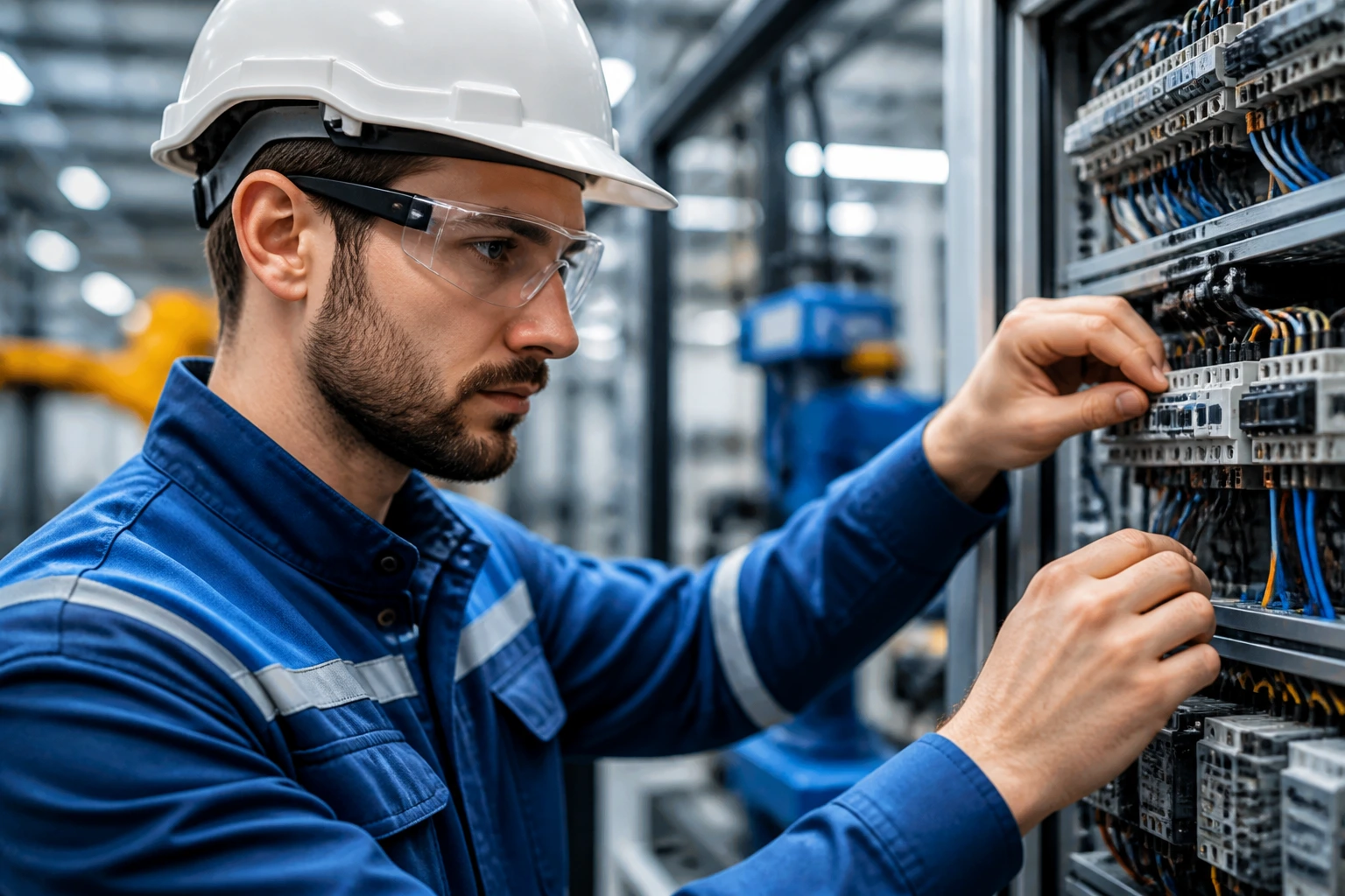 Close-up of an electrical engineer on a factory floor with machinery in the background.