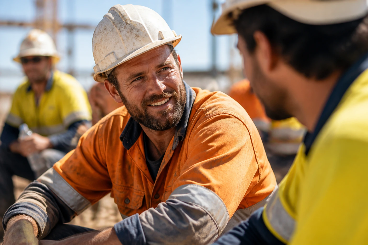 Portrait of a construction worker during a break, illustrating on-site culture.