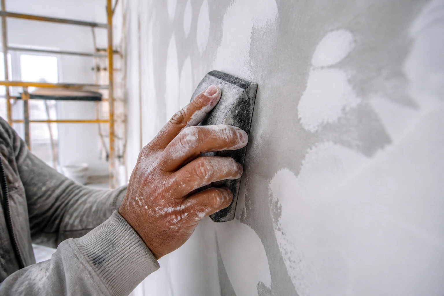 Close-up of a painter's hands using a sanding block on a wall during prep work.