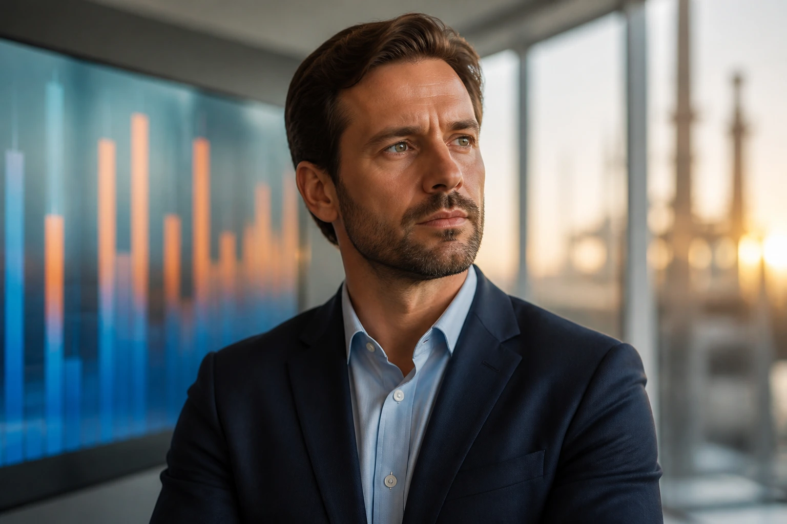 Close-up portrait of a corporate energy sector professional in a modern office with abstract financial bars in the background.