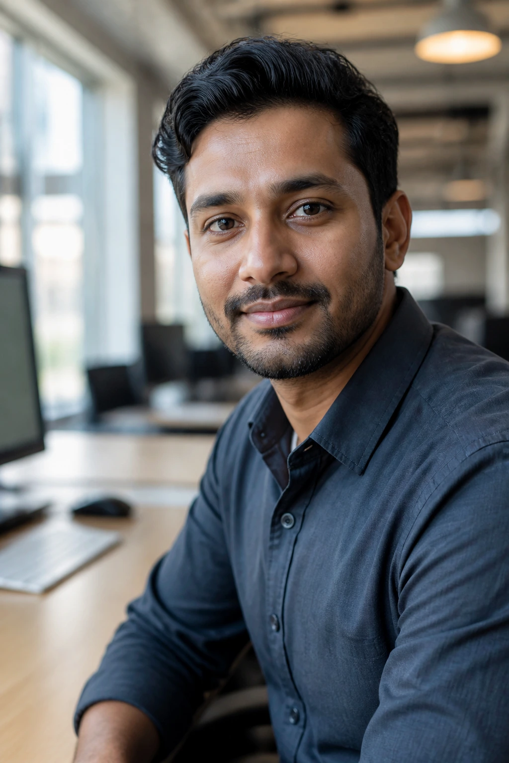 Close-up portrait of a skilled foreign worker in a Canadian workplace.