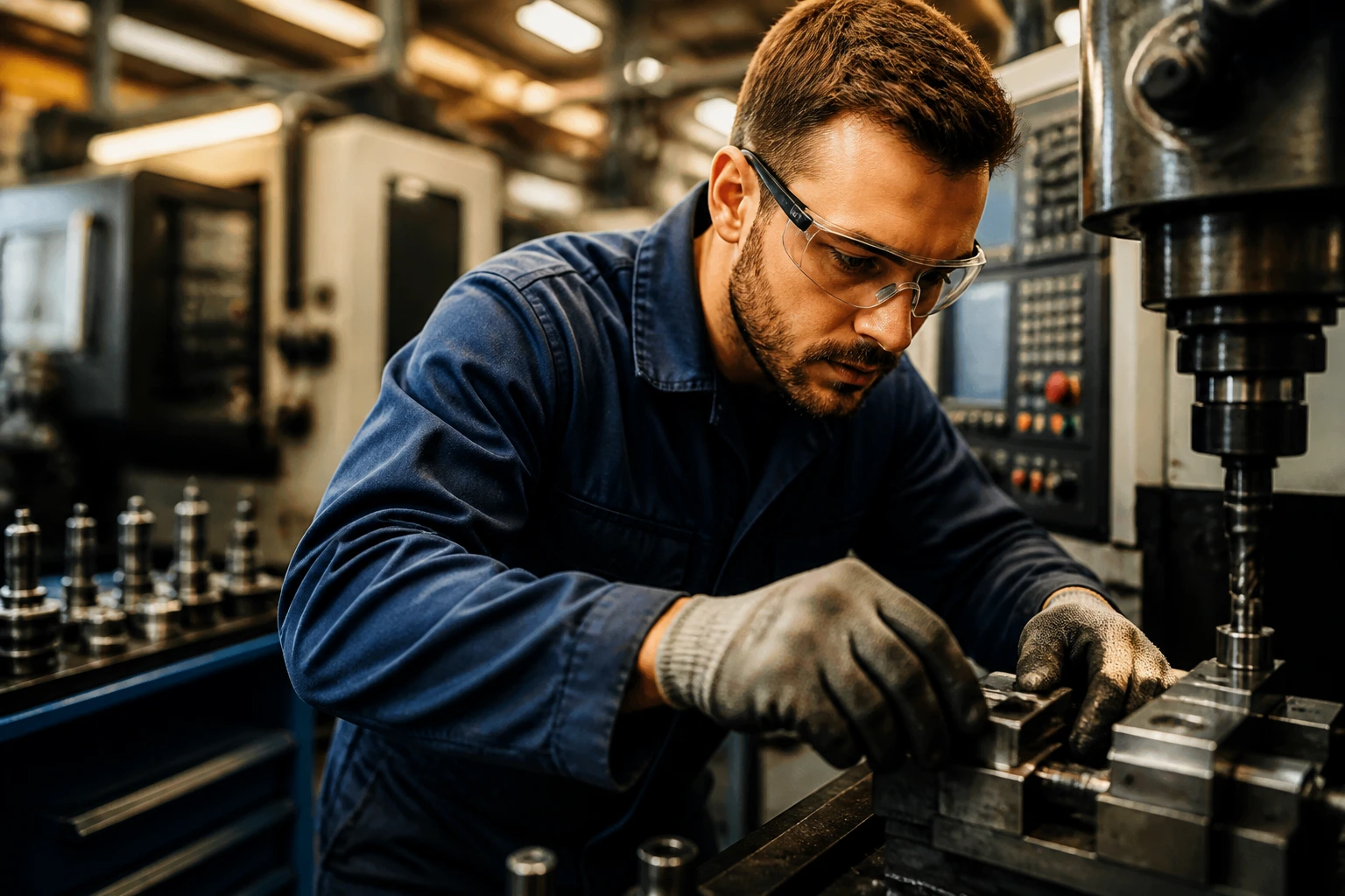 Skilled operator working in a machine shop with CNC machines