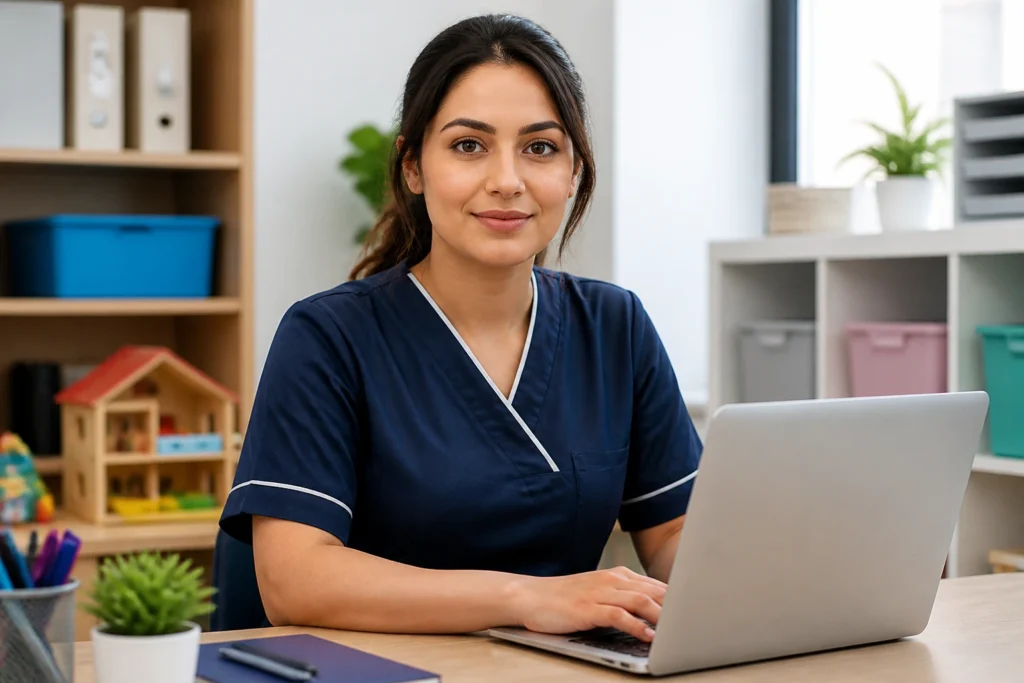 Portrait of a nursery staff member representing the Skilled Worker route in a modern office.