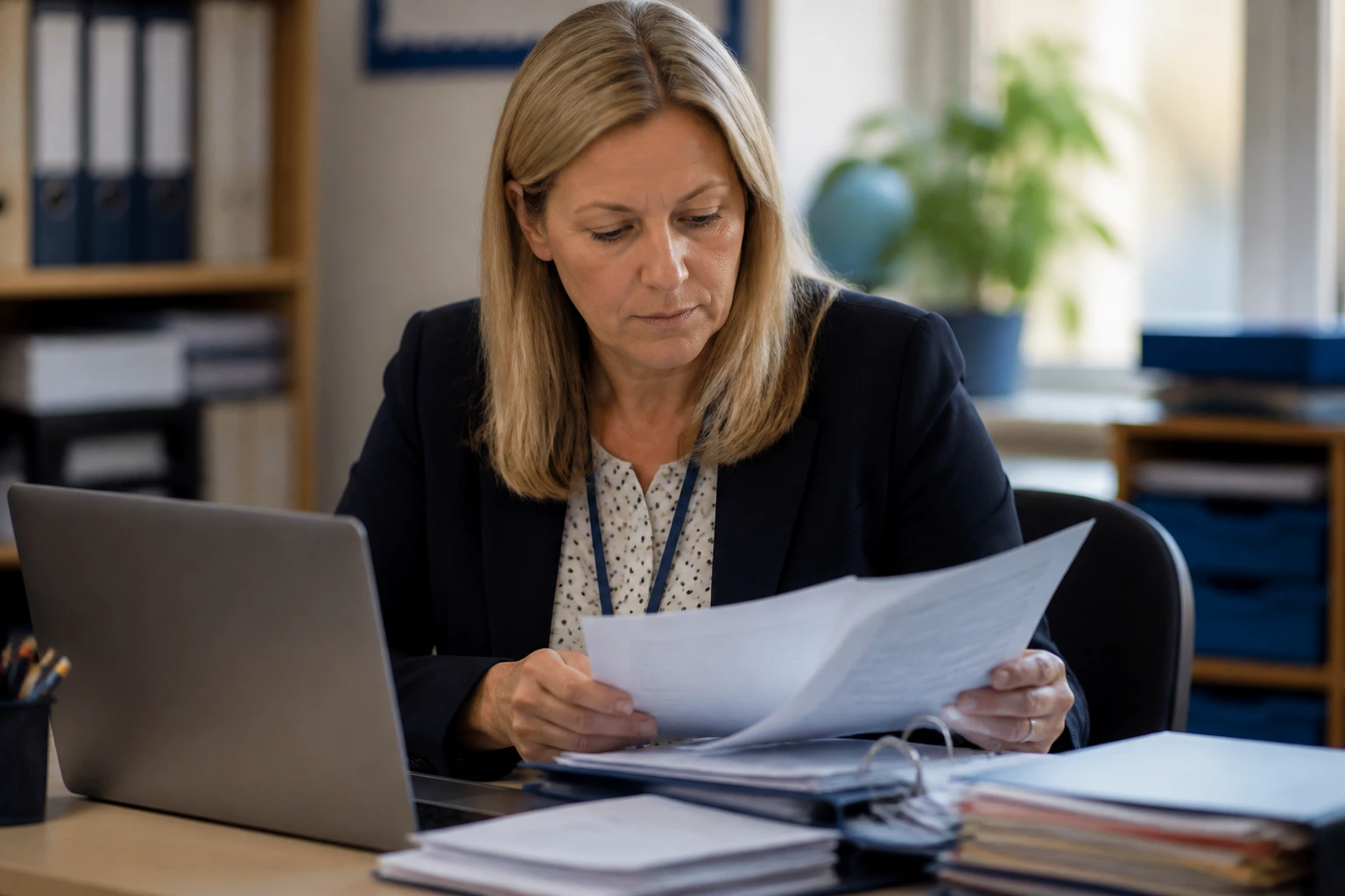 School administrator reviewing sponsorship paperwork in an office.