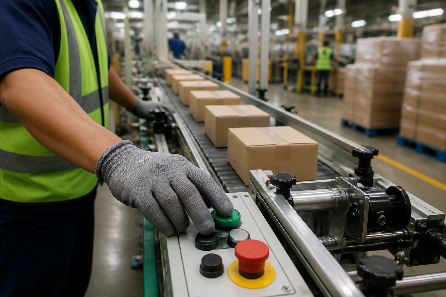 Close-up of a factory worker's hands on a packaging line in a busy UK plant