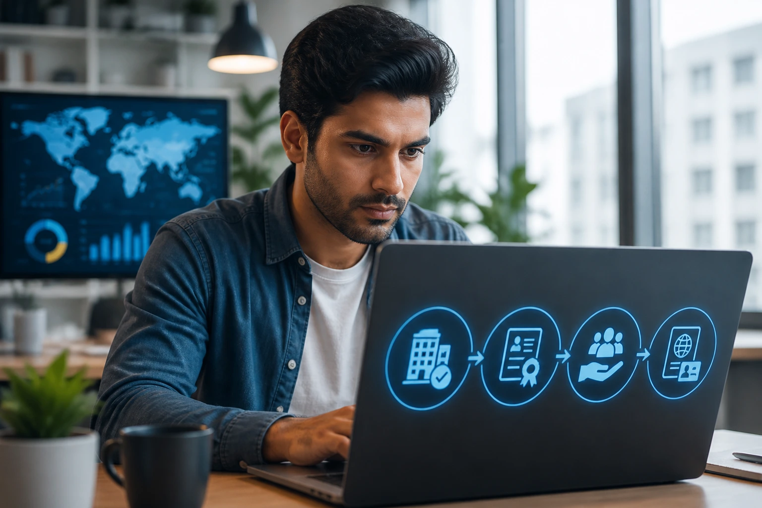 Close-up of a data scientist in an office, symbolizing Skilled Worker visa mechanics