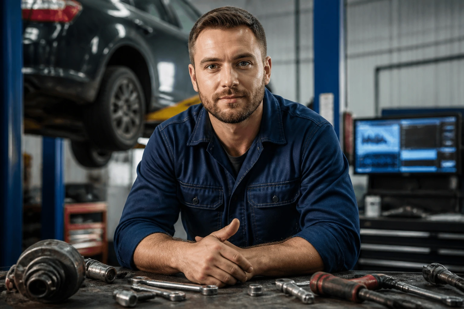 Confident mechanic in a bright workshop representing the skilled visa pathway