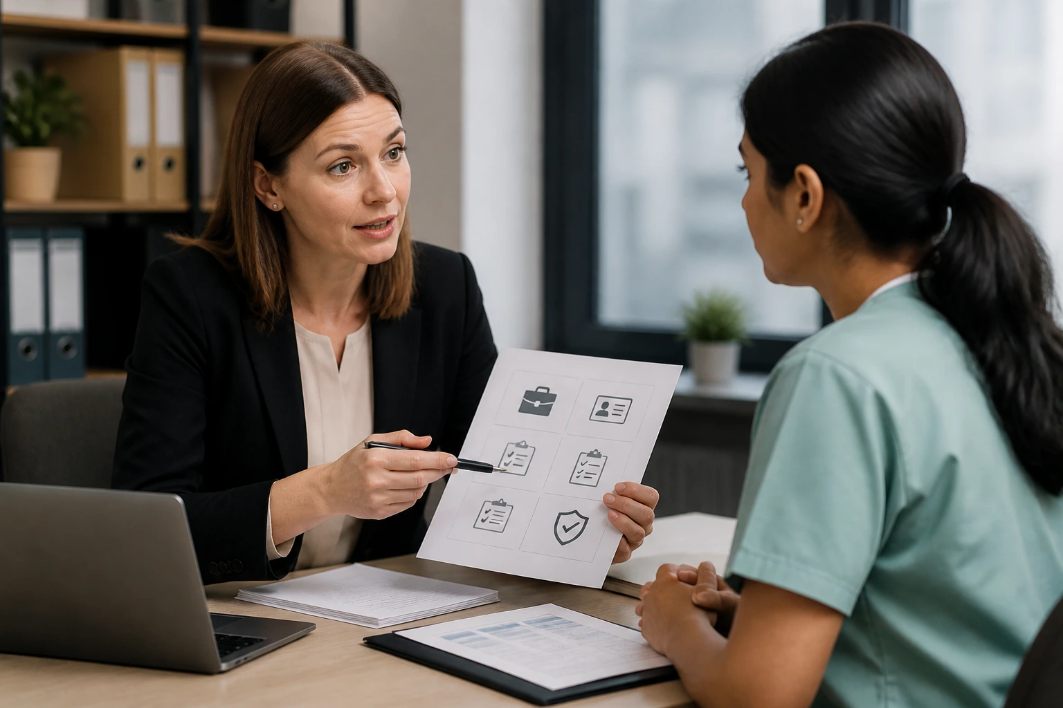 HR professional discussing Skilled Worker visa requirements with a candidate in an office