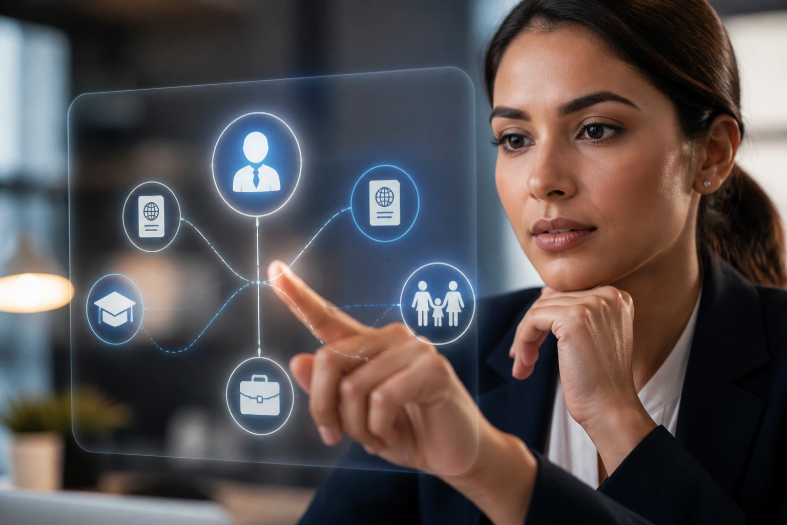 Person examining a screen with abstract visa route icons in a business setting