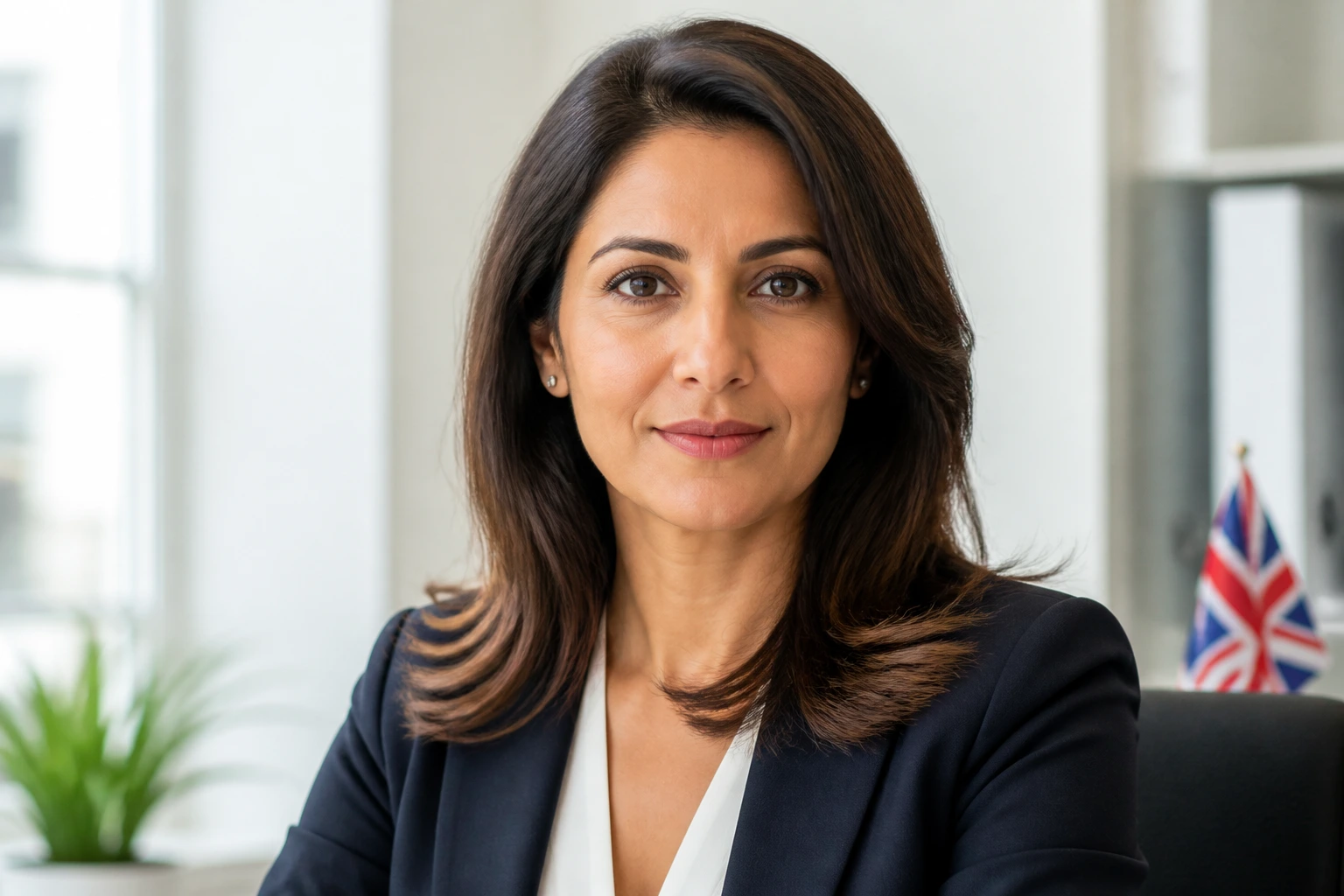Close-up of a confident skilled worker visa specialist in a bright UK office