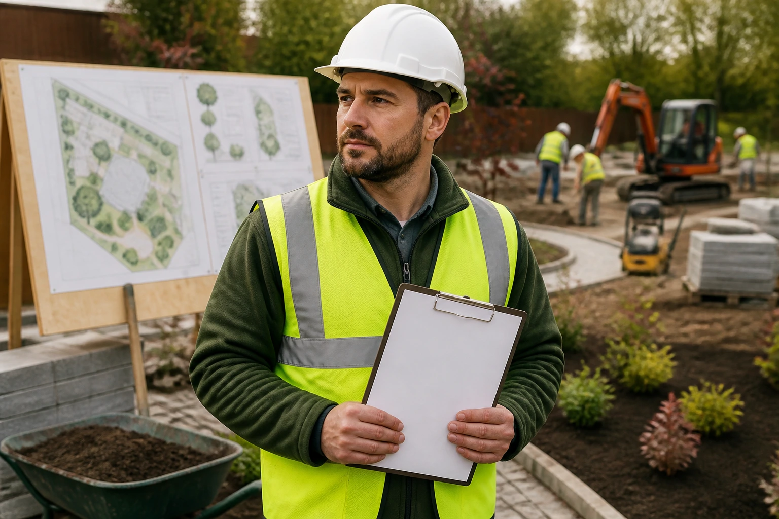 Portrait of a landscape supervisor on site holding a clipboard