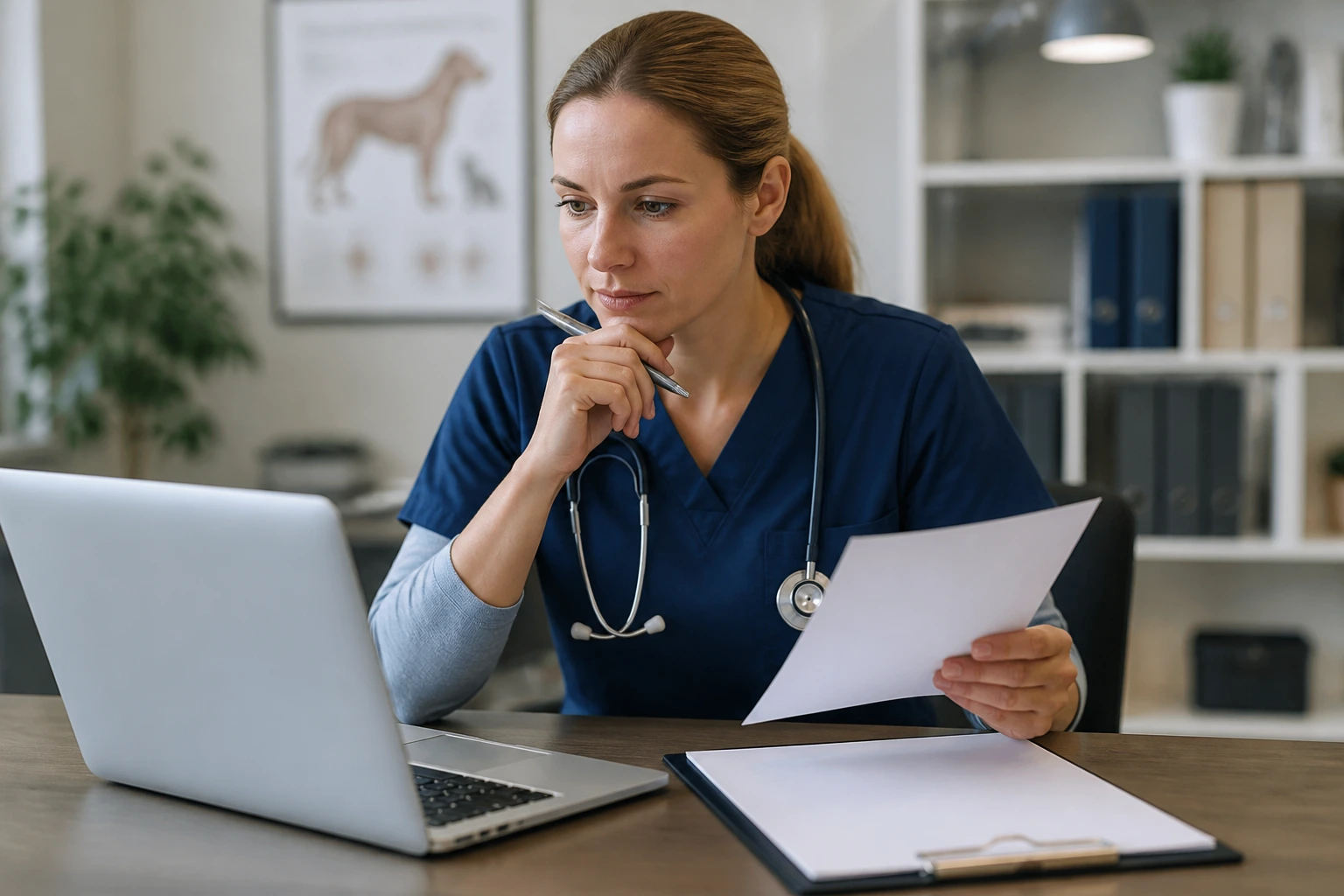 Close-up of a veterinary professional at a desk reviewing visa-related materials with blank documents.