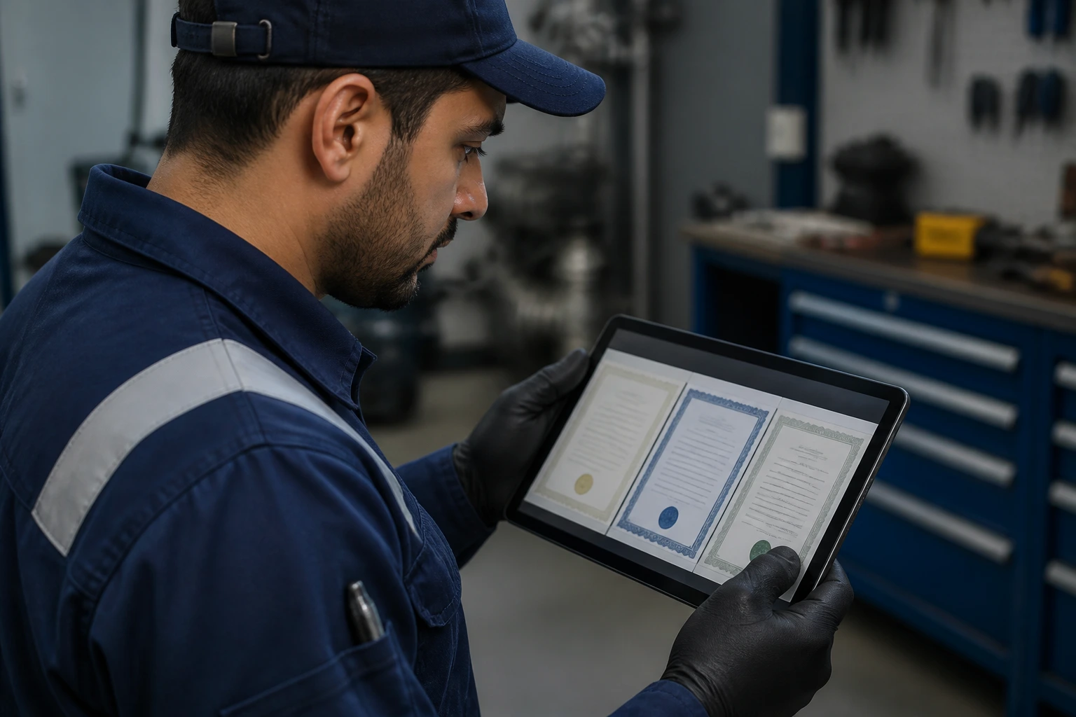 Maintenance engineer examining a tablet in a workshop