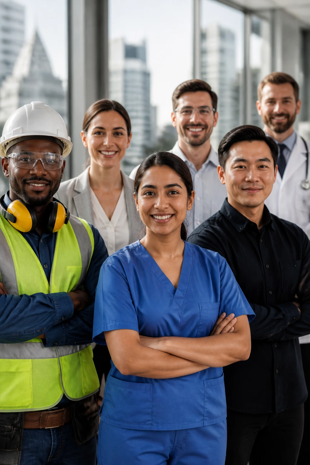 Group of diverse skilled workers in a bright office.