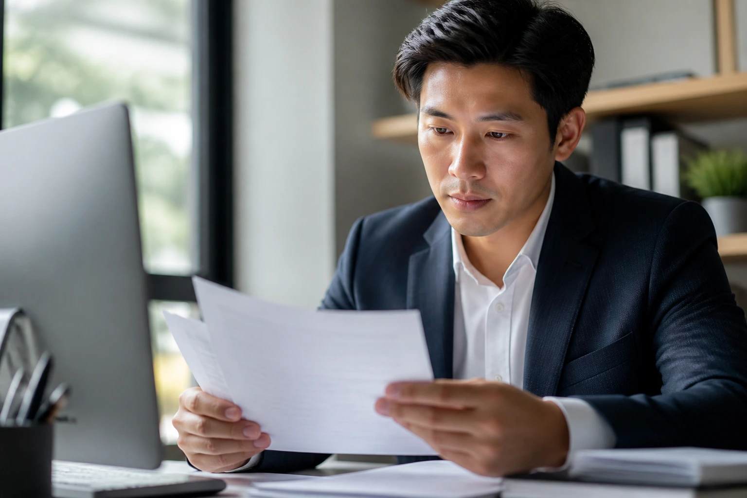 Person reviewing documents for skills assessment in an office