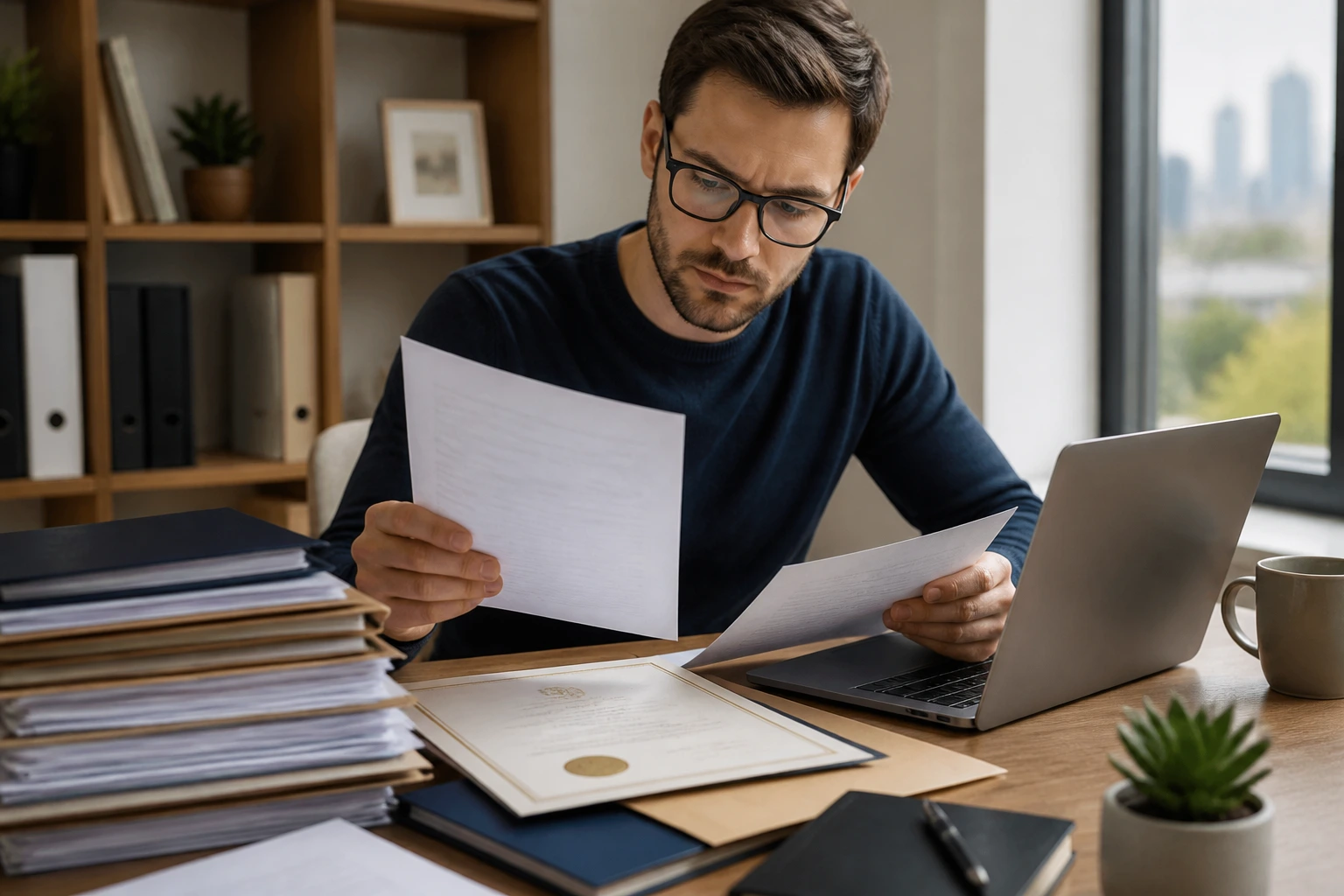 Person preparing ACS skills assessment documents in home office.