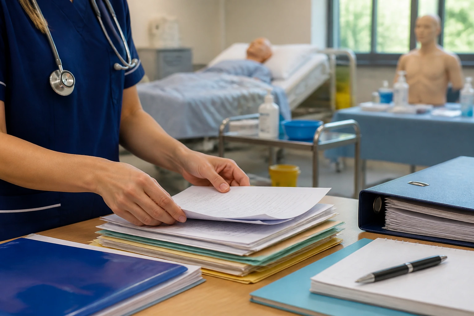 Close-up of a nurse's hands handling documents for skills assessment