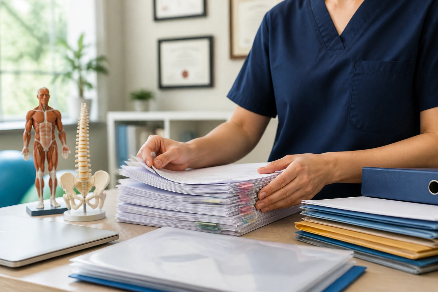 Physiotherapist arranging documents on a desk in a bright office