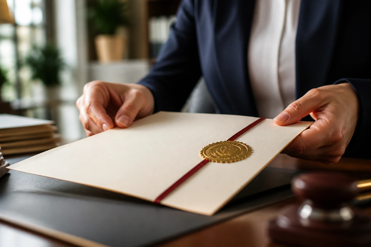 Close-up of hands handling a certificate with a seal in an audit-like desk setting