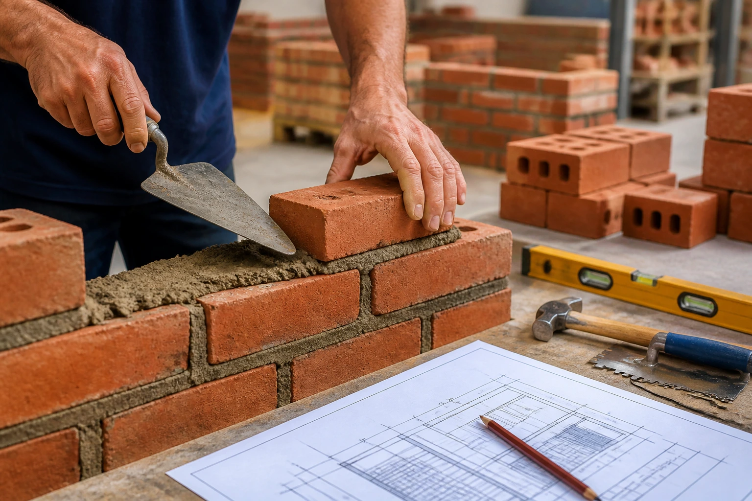 Close-up of bricklayer's hands performing a skills assessment on a practice wall.