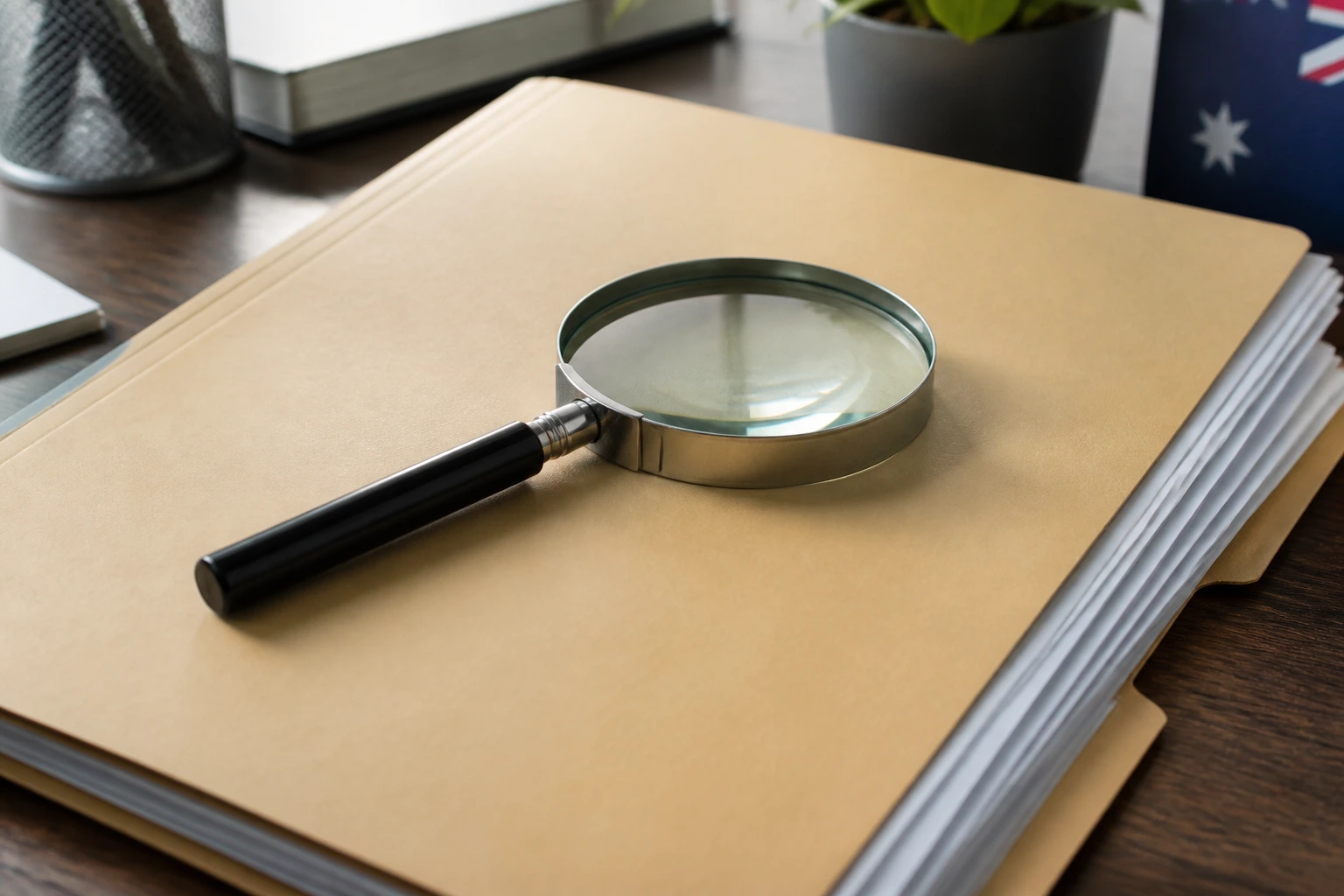 Close-up of a folder with a magnifying glass on a desk