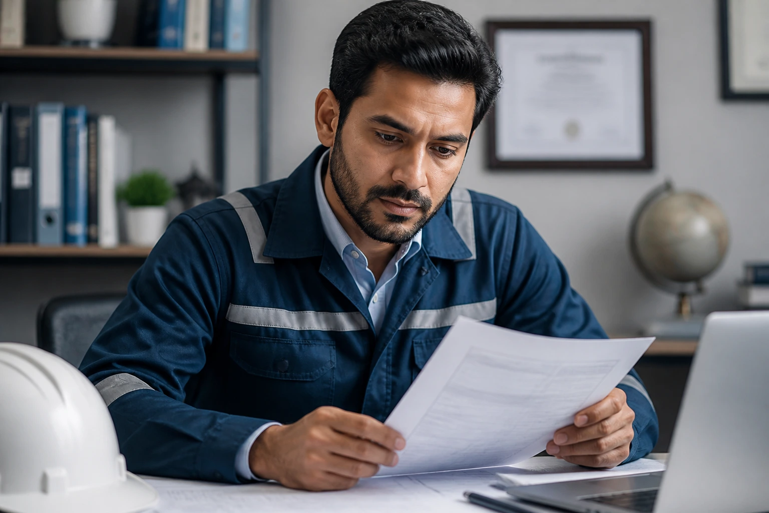 Engineer seated at a desk in a tidy office, focused on work