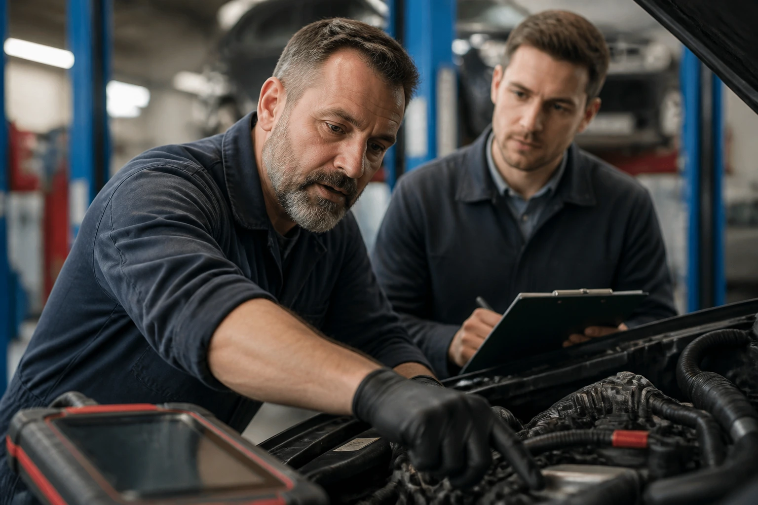 Mechanic explaining a fault-finding step during assessment