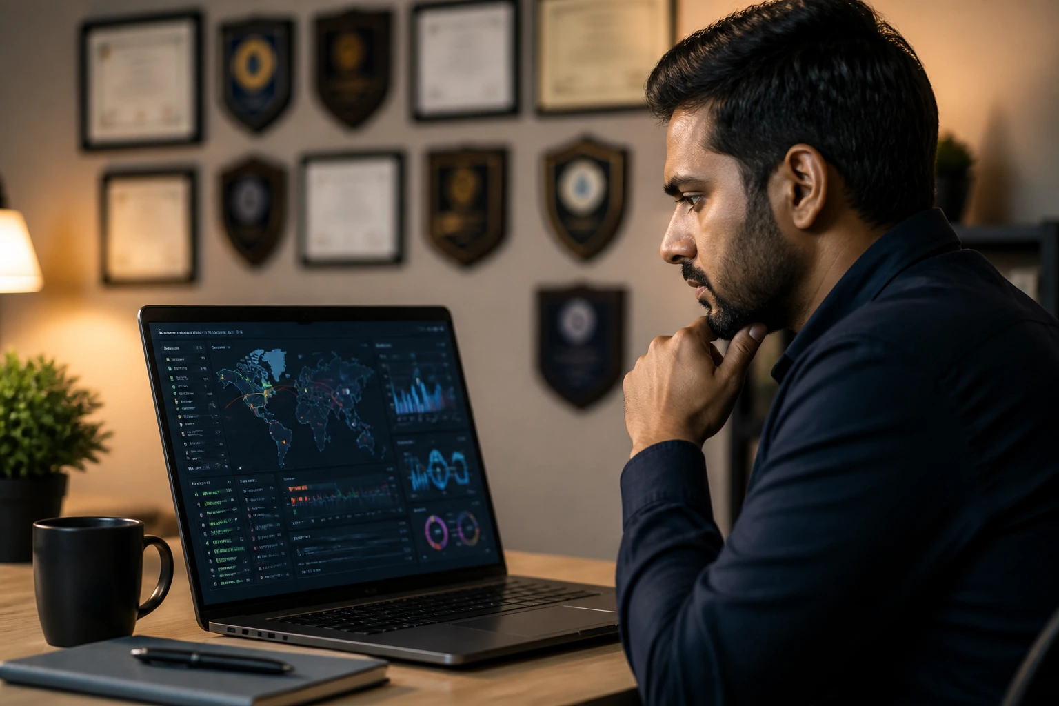 Professional examining laptop with analytics visuals