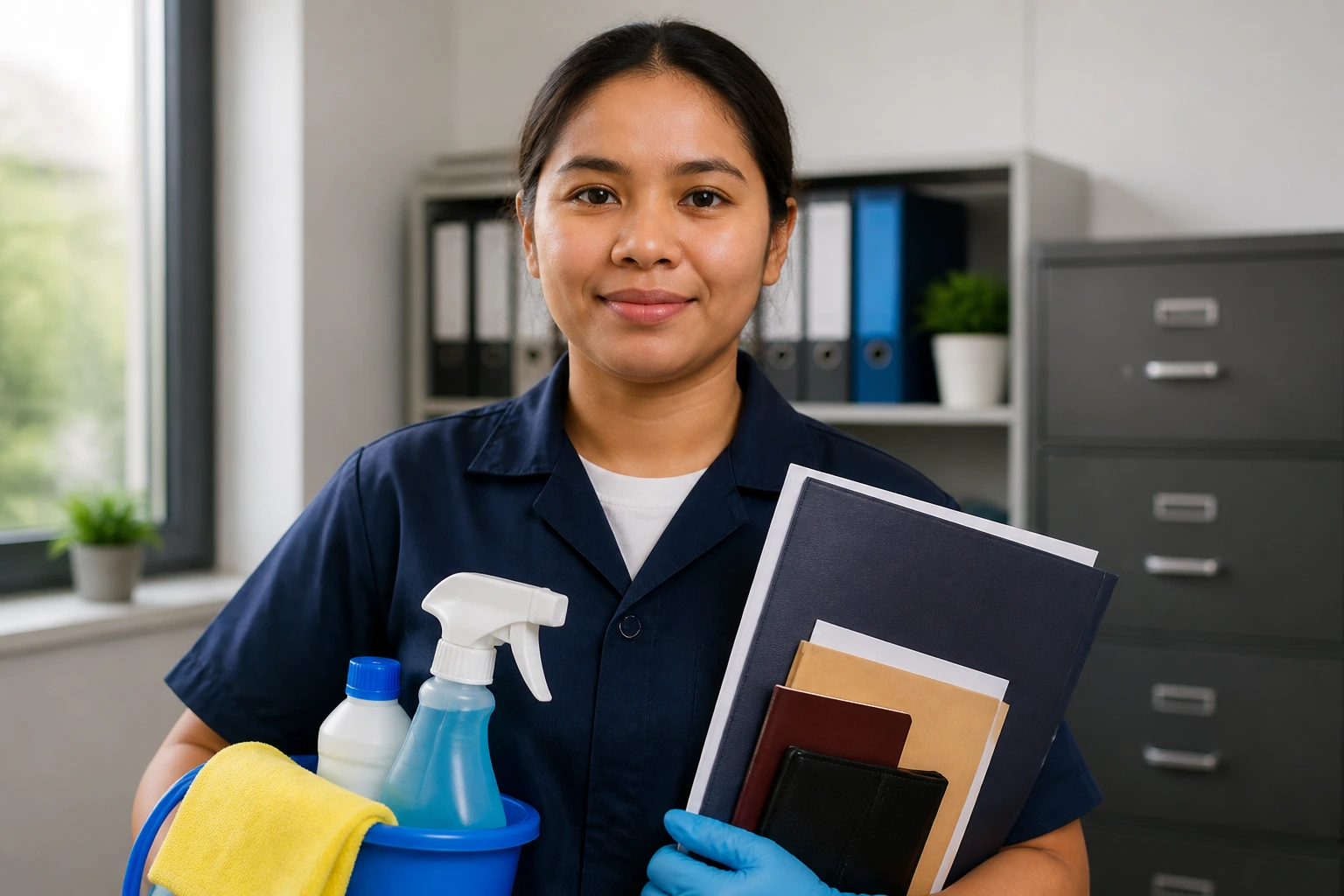 Janitorial worker in uniform in an office setting