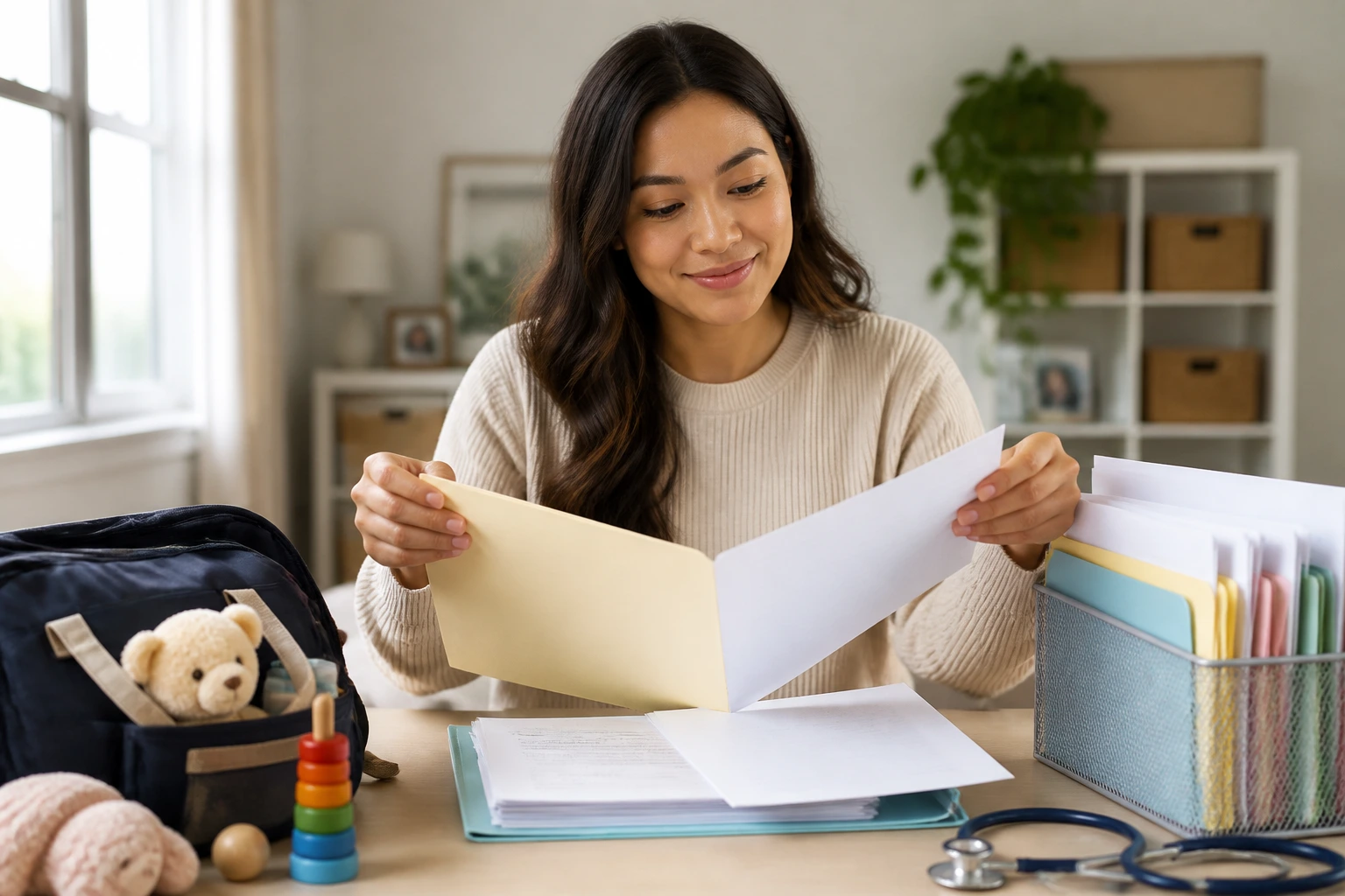 Close-up portrait of a real person in a home study representing skills and documents for sponsorship
