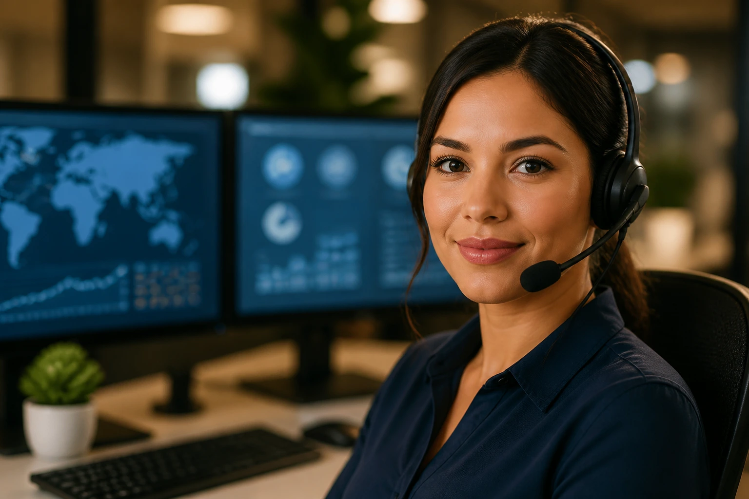 Close-up of a confident professional in an office setting.